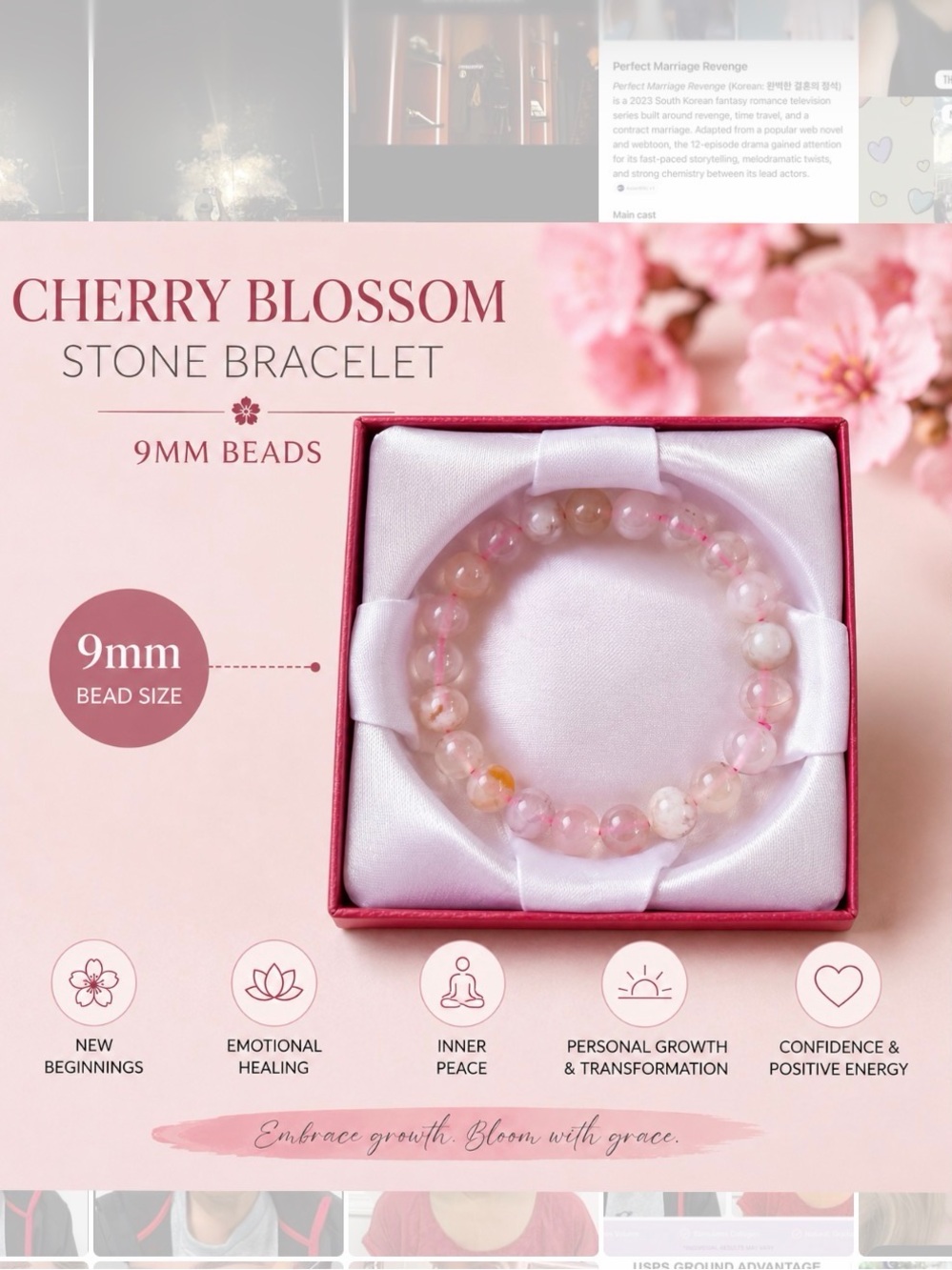 9mm cherry blossom Bead Bracelet — Pink Gemstone Bracelet